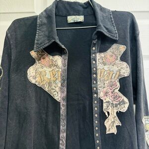 Women's Vanilla Sugar Black Acid Wash Patchwork Long Sleeve Button Up Grunge